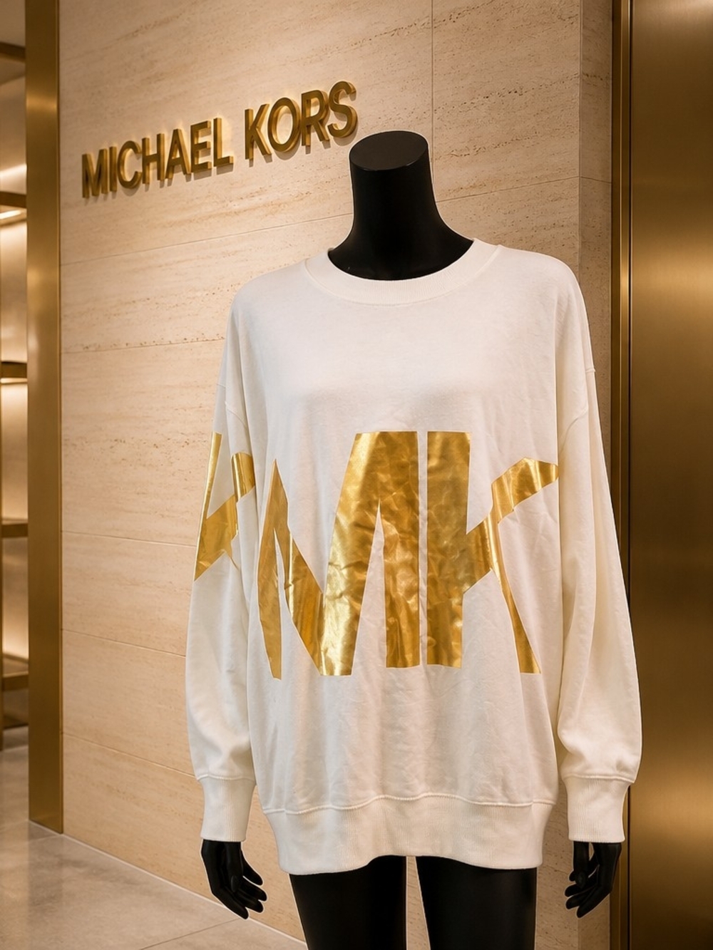 Michael Kors Gold Logo Sweatshirt Women's Large Long Sleeve Bone Color Sz 2X